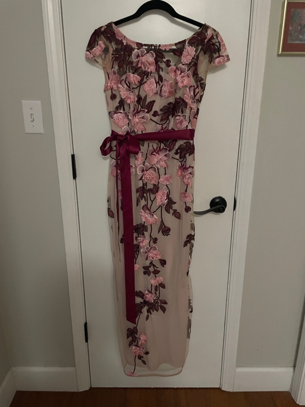 Adrianna Papell Pink & Burgundy Floral Embroidered Maxi Dress with Sash